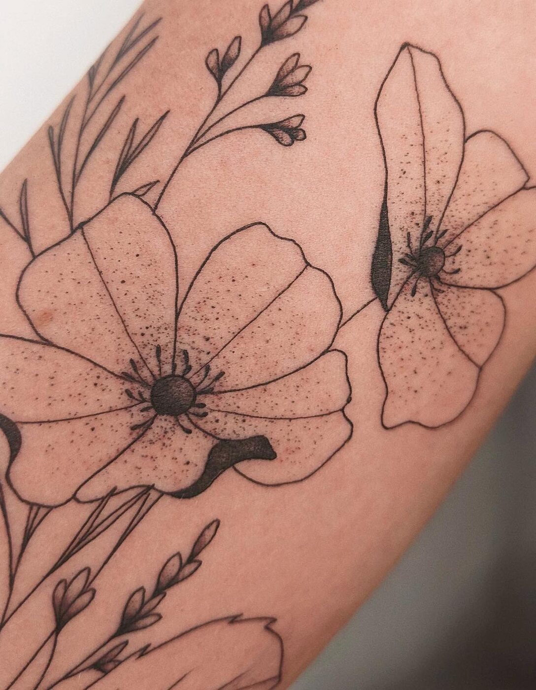 Tatouage fine line de pavots sur la jambe